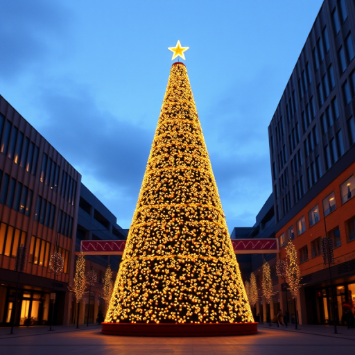 Generate an image of a large, brightly lit Christmas tree with a star on top, set in an outdoor plaza during twilight. The tree should be made of glowing lights arranged in a conical shape, surrounded by modern architecture. The scene should convey a festive and warm atmosphere, emphasizing the tree's height and the twinkling lights.