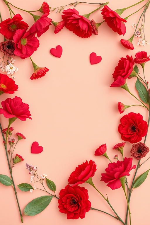 Create a vibrant floral frame with red flowers and hearts on a soft peach background, using a DSLR camera at f/2.8, 50mm lens, ISO 100, with a shallow depth of field to enhance color saturation and detail.