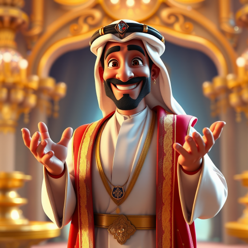 Create a 3D rendering of a wealthy Arab male sheikh from Dubai, inspired by the Disney animation style. The sheikh must have a smile and a playful but wise character. Place your character in an atmosphere of wealth and luxury. The image must be in high resolution format. Dynamic pose above the waist, gesturing with hands (Pixar Art style)++ highly detailed digital painting, art stations, concept art, soft focus, hard focus, illustrations. cinematic, visual effects, HDR, Unreal Engine 5, ray tracing, soft light, 8k, high detail, sparkling backlighting, luxury gem, game art, 3d, cartoon, colorful, magical, mysterious