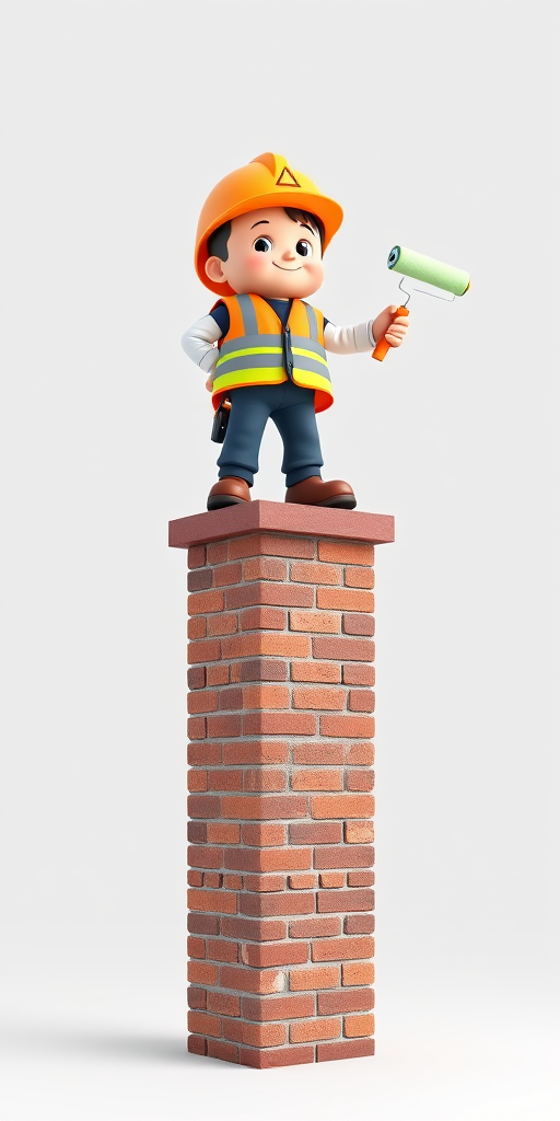 3D rendering of a cartoon character in a high-visibility vest standing on top of a brick chimney, holding a paint roller, bright ambient lighting, 50mm lens, f/4 aperture, ISO 100, captured with a DSLR camera, clean white background for focus on the character and chimney.