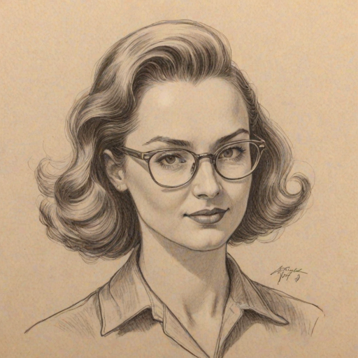 Pleasing Kathryn Gallagher, pencil sketch, portrait of Fascinating woman 1943s in glasses, hair style beatnik, outline, clear lines, fine lines, 8k