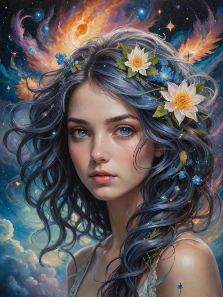 Create a series of imaginative portraits where each subject is infused with elements of fantasy and nature. The hair of the individuals should flow like clouds, varying from soft, fluffy cumulus to wispy cirrus strands, with hints of color reflecting a sunset or a clear blue sky. The eyes should be windows to entire galaxies, with stars, nebulae, and distant planets visible within them. Clothing should be adorned with nature motifs, such as floral patterns that bloom and change, vines that seem to grow and wrap around, or feathers that shimmer with iridescence. Each portrait should capture a unique personality, blending human features with the ethereal beauty of the natural and cosmic world. The backgrounds can vary, from starry night skies to enchanted forests, adding depth and context to the magical realism of the portraits