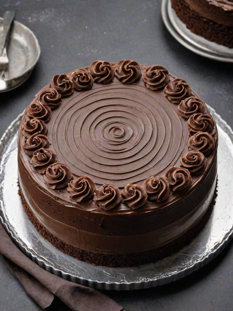 Create an image of a round chocolate cake with a smooth dark chocolate frosting. The top should be decorated with swirls of chocolate buttercream in a circular pattern, and the sides should be adorned with crushed chocolate cookies for a textured look. The cake should be placed on a silver cake board with a clean, minimalist background.