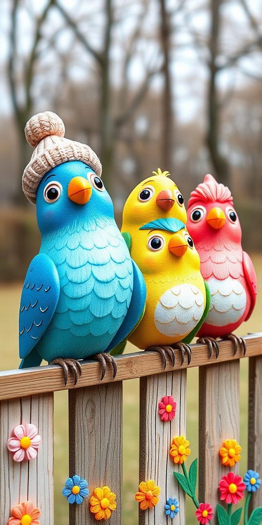 create a scene of 4 quirky  whimsical colourful comical birds each with a funny expression. they are sat on a wooden fence with colourful flowers. they are all different sizes. each one is a different colour  one is wearing a woolly hat. Each one has a different quirky google expression and there is a muted background of trees watercolour paintierly style high definition 8k resolution 3D paper mache