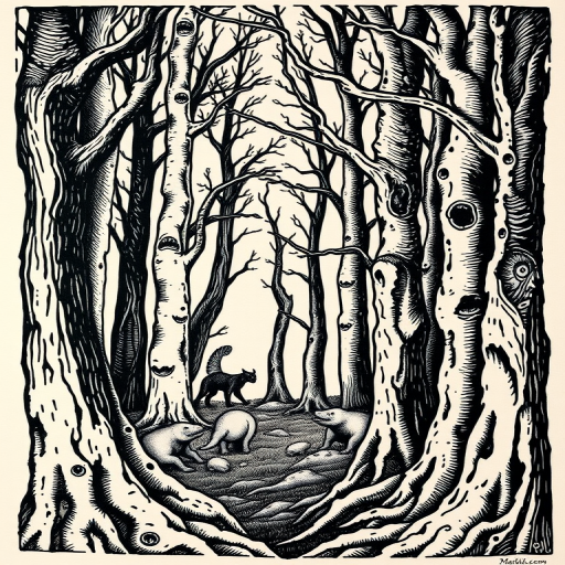 Woodcut-style tattoo titled "Mythic Grove" featuring a detailed forest scene with mythical creatures hidden among the trees, using bold black lines and crosshatching to create texture and depth