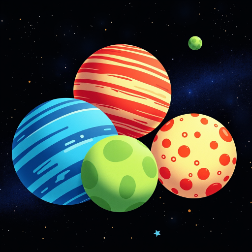 Create a vibrant illustration of four unique planets in a space scene, featuring a blue striped planet, a red striped planet, a green spotted planet, and an orange and white dotted planet, use a 35mm lens, f/8 aperture, ISO 100, and a top-down view with high saturation and sharp details.