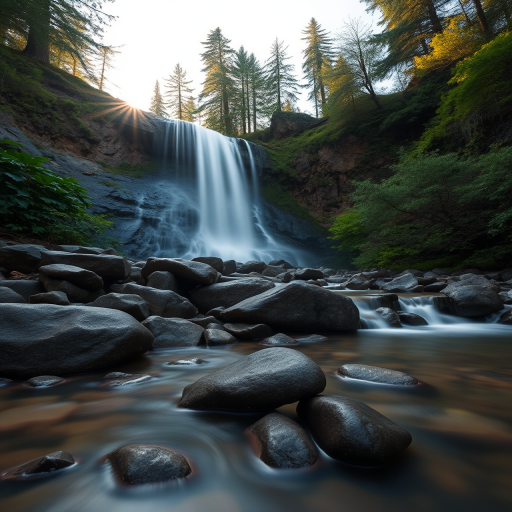 Capture a serene waterfall cascading over smooth stones in a lush forest setting, using a Canon EOS 5D Mark IV, 24mm lens, aperture f/8, shutter speed 1/2 second for silky water effect, ISO 100, shot at sunrise for soft natural lighting.
