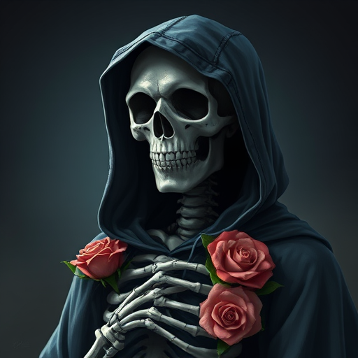 Create a digital illustration of a skeleton figure wearing a hooded cloak adorned with roses, captured in a portrait style with soft lighting, using a DSLR camera set to f/2.8 aperture, ISO 100, and a 50mm lens for a shallow depth of field.