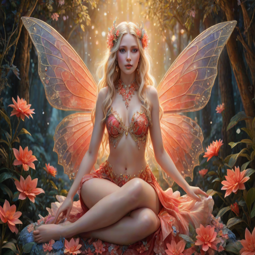 A digital artwork features a winged fairy with delicate Coral butterfly wings, adorned with intricate Spruce andPeriwinkle patterns. She is seated on a vibrant Pearl flower, wearing a revealing red two-piece outfit with sparkling beadwork. Her fair skin, long blonde hair, and gold jewelry add to her ethereal appearance. The background is a warm, golden gradient, creating a magical atmosphere. Small glowing orbs and sparkles surround the flower, enhancing the enchanting, highly detailed, and realistic scene.