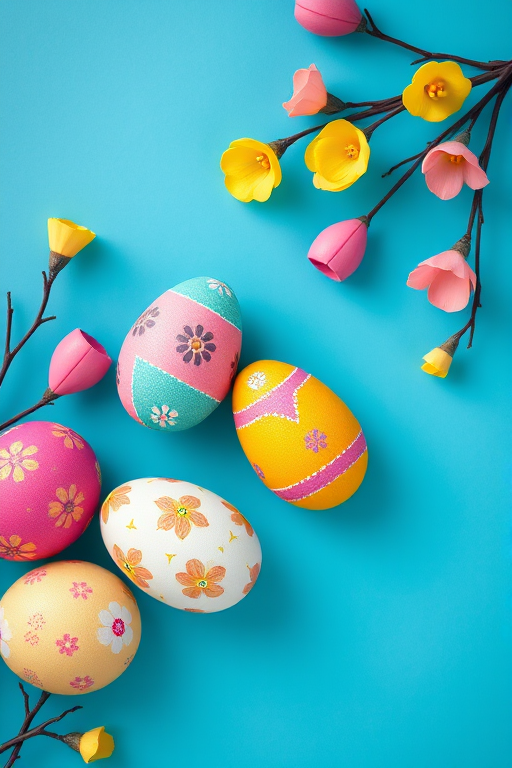 Colorful decorative Easter eggs on a solid blue background with a subtle branch design, shot with a Canon EOS R5, 50mm lens, aperture f/2.8, ISO 100, in soft natural light for vibrant color enhancement.