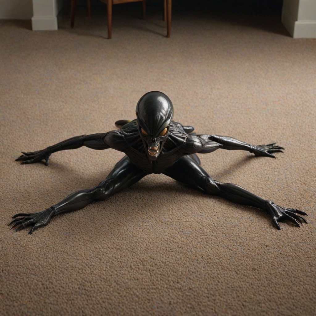 A funny Alien in a stretching position on a textured carpet, with its black, glossy body reflecting dim light. Legs spread wide, upper body bent forward, long segmented tail curving over its back, arching above its head. Face directed at the viewer, showing biomechanical features, sharp teeth, elongated skull. Muscles taut, emphasizing strength in the stretch. Minimalist environment, focusing on the creature's athletic pose. Photorealistic quality.