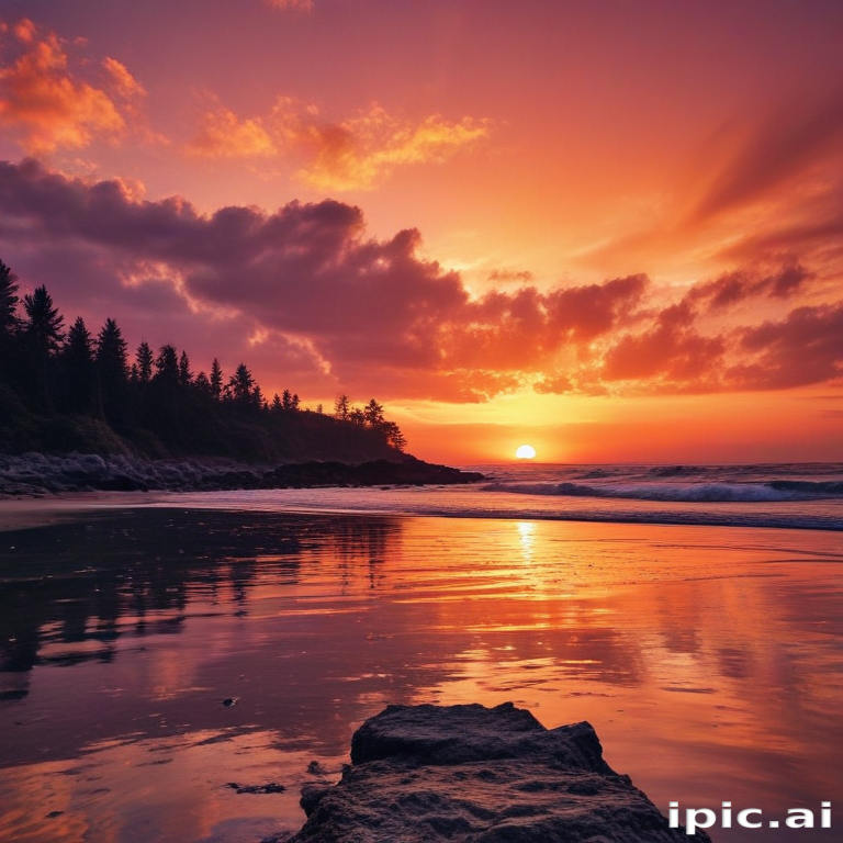 Serene Sunset Over Tranquil Beach with Vibrant Colors and Reflections