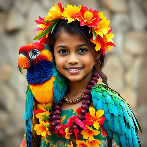 A beautiful Hawaiian girl, wearing colorful bird clothing with vibrant colors