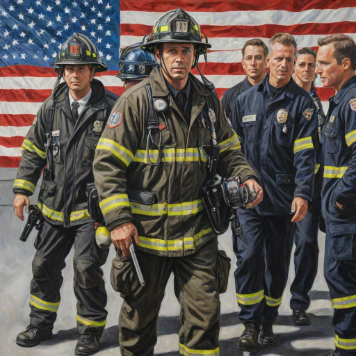 acrylic illustration of realistic first responders, fireman, policeman, emts, doctors, nurses, military