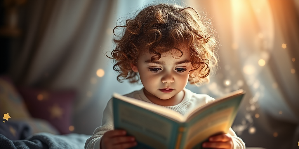 Create a portrait of a young child with curly hair reading a book, with magical light surrounding them in an enchanting setting, shot with a Canon EOS R5 at f/1.8, ISO 100, 1/125 sec, using a soft-focus lens for a dreamlike effect.