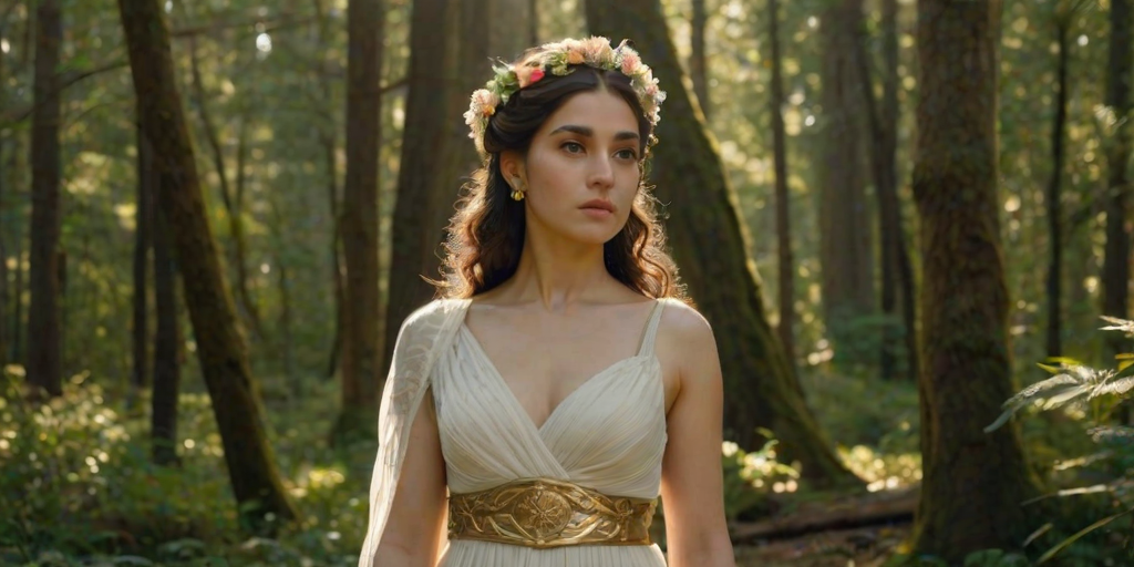 Create a portrait of a goddess-like Armenian girl figure in a tranquil, forested environment. She has an elegant appearance with long, wavy hair styled in an updo and adorned with a delicate, floral headband. She wears a flowing, ancient Greek-inspired gown in a soft, pale color, featuring a one-shoulder design and draped fabric that accentuates her graceful form. The outfit includes a decorative belt with ornate gold detailing, and she holds a bow in her hand, with a quiver of arrows slung over her shoulder. The background depicts lush greenery, with sunlight filtering through the trees, casting a gentle, ethereal light on the scene. Her expression is calm and contemplative, embodying a sense of wisdom and serenity.