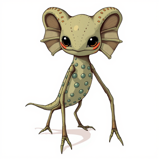 Create a detailed illustration of a stylized creature with a rounded body, long limbs, and small circular patterns on its body, using a DSLR camera with a 50mm lens, f/1.8 aperture, ISO 200, in a well-lit setting to enhance contrast and clarity.