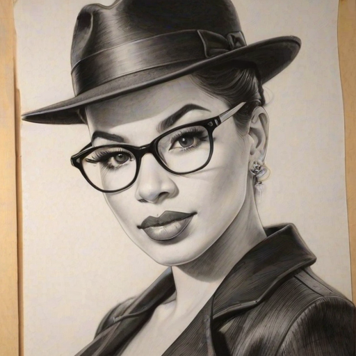 Superb Ne-Yo, pencil sketch, portrait of Stunning woman 1953s in glasses, hair style beatnik, outline, clear lines, fine lines, 8k