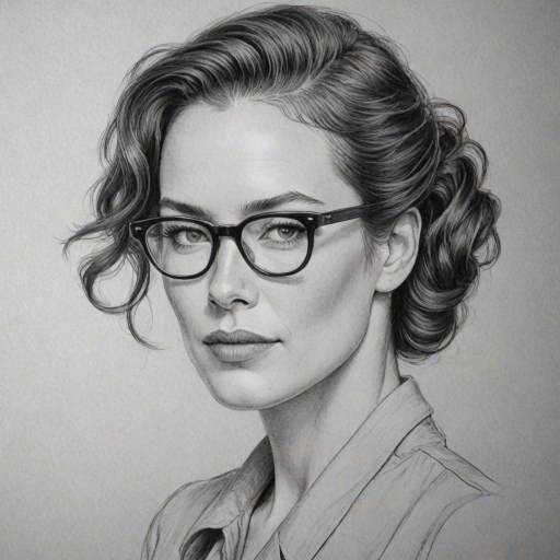Elegant Lena Headey, pencil sketch, portrait of Comely woman 1944s in glasses, hair style beatnik, outline, clear lines, fine lines, 8k