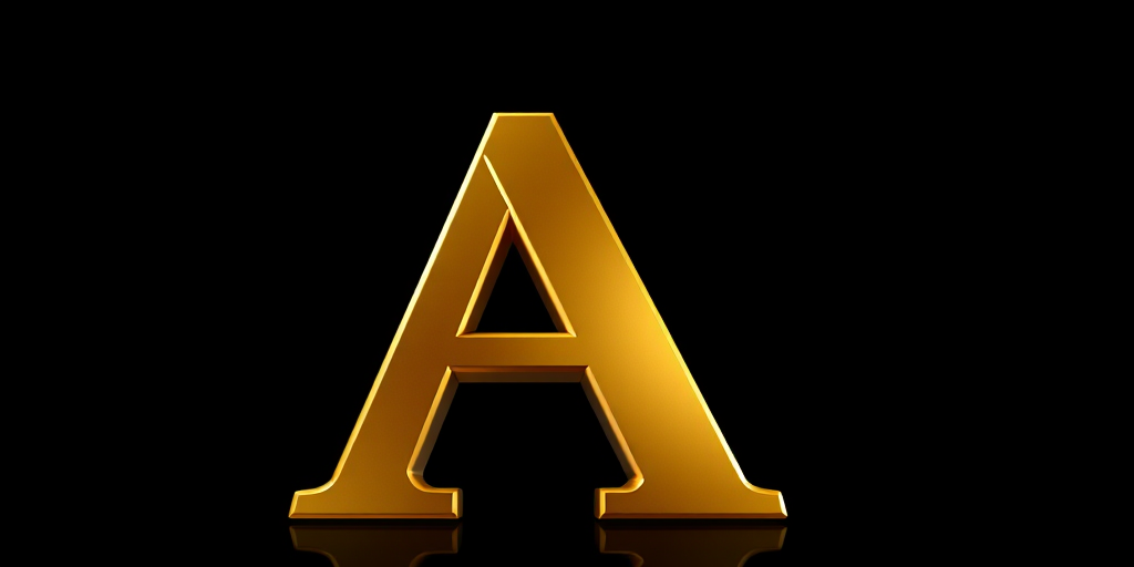 Generate an image of a large stylized letter A in a shiny metallic gold finish on a black background, captured with a DSLR camera using a 50mm lens, aperture f/2.8, ISO 100, shot from a low angle to enhance perspective and depth.