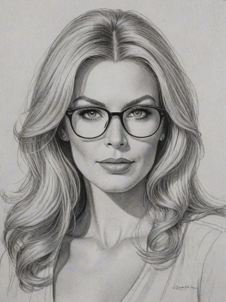 Charming Shannon Tweed, pencil sketch, portrait of Gorgeous woman 1977s in glasses, hair style beatnik, outline, clear lines, fine lines, 8k