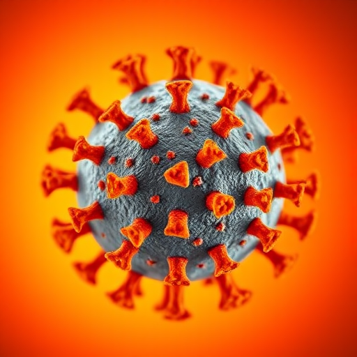 Generate a highly detailed 3D rendering of a virus, showcasing vibrant orange and yellow spike proteins on a spherical surface, with a warm gradient background to enhance depth, using a Canon EOS R5, 50mm lens, f/8 aperture, ISO 100, and a macro photography style for clarity and sharpness.