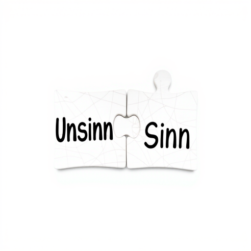 Create an image of two interlocking puzzle pieces, one labeled "Unsinn" in bold black text and the other labeled "Sinn" in black text against a white background, shot with a Canon EOS R5, 50mm lens, f/2.8 aperture, ISO 100, in soft diffused lighting to enhance clarity and detail.