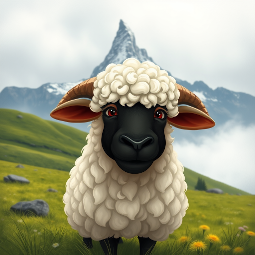 A textured painterly fantasy artistic cartoon image of a curious Valais Blacknose sheep with thick, curly white wool stands front and center in a picturesque alpine meadow, with the iconic Matterhorn Mountain looming in the background. The sheep's face is dark and expressive, with small horns jutting out from its sides. The scene is set against a misty sky, with rolling green hills and distant peaks covered in snow. The overall atmosphere is peaceful, capturing the serene beauty of the Swiss countryside.
