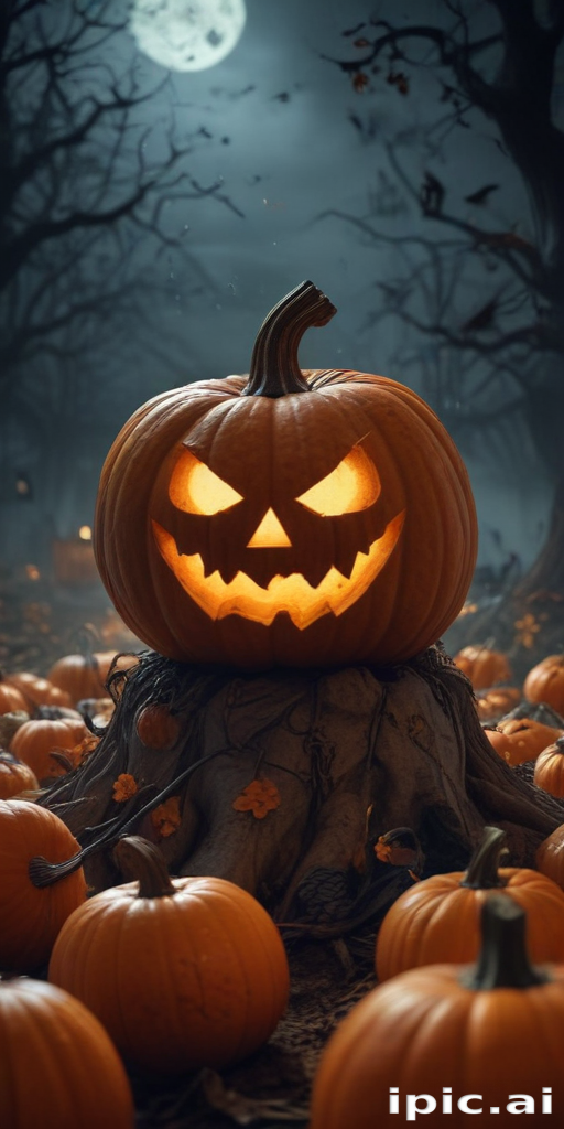 Spooky Halloween Scene Featuring Glowing Jack-O'-Lanterns Under a Full Moon