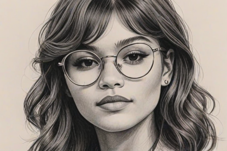 Magnificent Zendaya, pencil sketch, portrait of Dazzling woman 1970s in glasses, hair style beatnik, outline, clear lines, fine lines, 8k