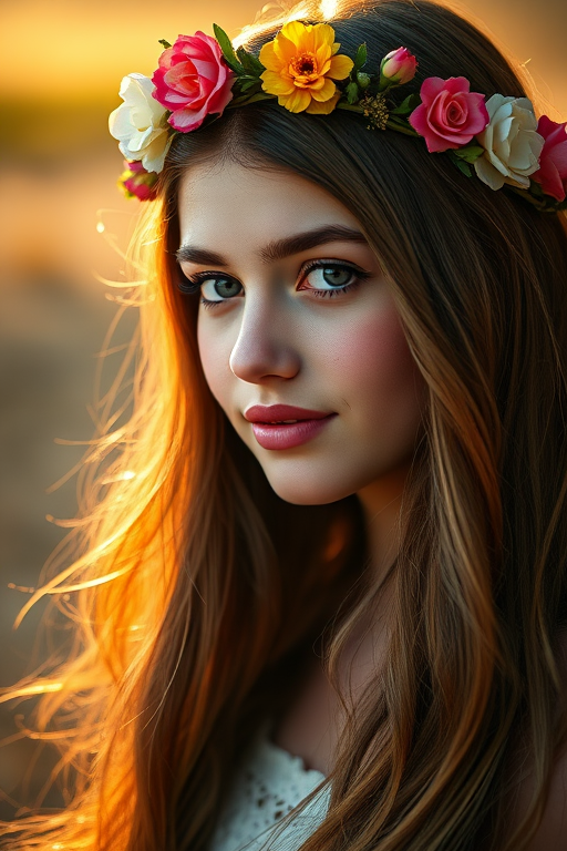 portrait of a young woman with long flowing hair adorned with floral crown, soft golden background, natural light, shallow depth of field, ISO 100, f/2.8, 85mm lens, DSLR camera, soft focus, high resolution