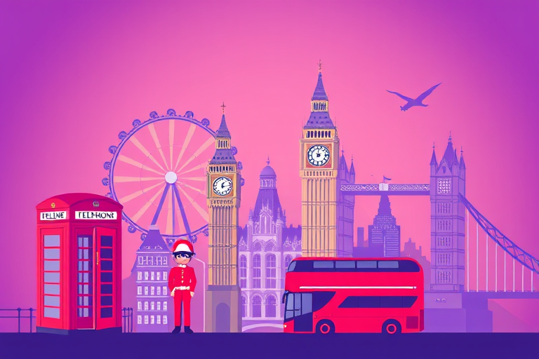 Create a vector illustration of iconic London landmarks including a phone booth, Ferris wheel, Big Ben, London Underground sign, a guard, a double-decker bus, and Tower Bridge, with a gradient purple to pink background, using a Canon EOS R5 with a 50mm lens, f/1.8 aperture, ISO 100, 1/200 sec exposure, shot from a high angle for a modern artistic look.
