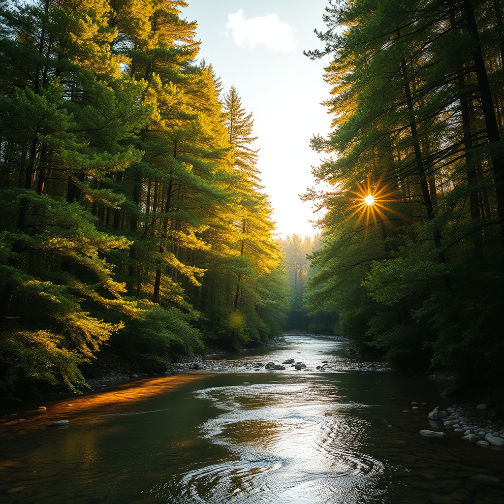 Create an image of a serene, sunlit forest scene with a clear, gently flowing river. Tall trees with lush green foliage line both sides of the river, their leaves bathed in the warm golden light of the setting or rising sun. The sunlight filters through the trees, casting soft, dappled light on the river, which flows over smooth rocks and pebbles, creating a peaceful, natural atmosphere. The sky is bright with a few scattered clouds, and the overall mood is tranquil, evoking a deep sense of connection with nature. The image captures the beauty of a calm, pristine forest landscape at either dawn or dusk.