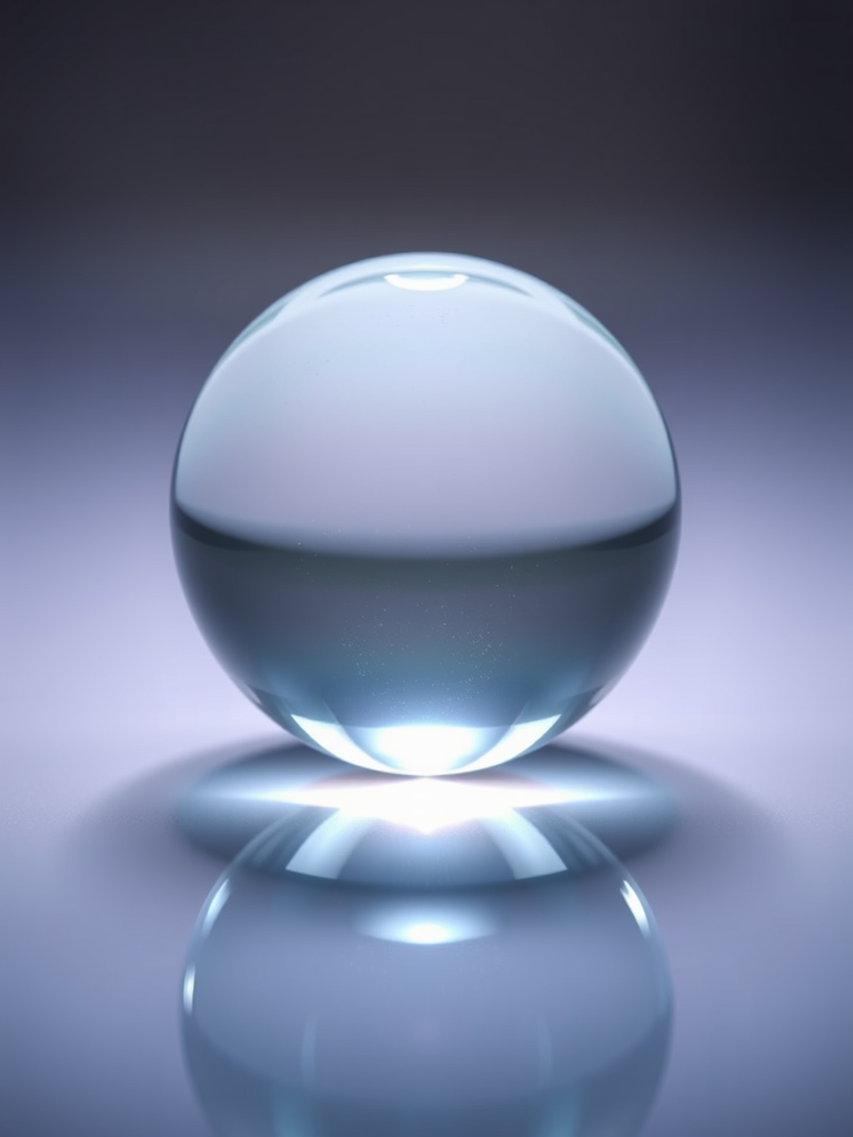 Create an image of a crystal ball on a smooth surface, glossy reflection, soft lighting, captured from a slightly elevated angle using a DSLR camera at f/2.8 aperture, ISO 100, and a focal length of 50mm for a shallow depth of field, ensuring vibrant colors and sharp details.