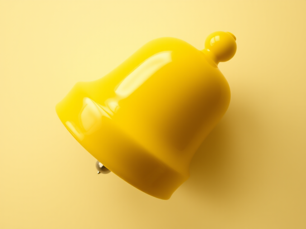 Create a high-resolution image of a yellow bell with a smooth, glossy finish, using a DSLR camera at f/2.8 aperture, ISO 100, 50mm focal length, taken from a slight overhead angle with soft lighting to enhance reflections and shadows.