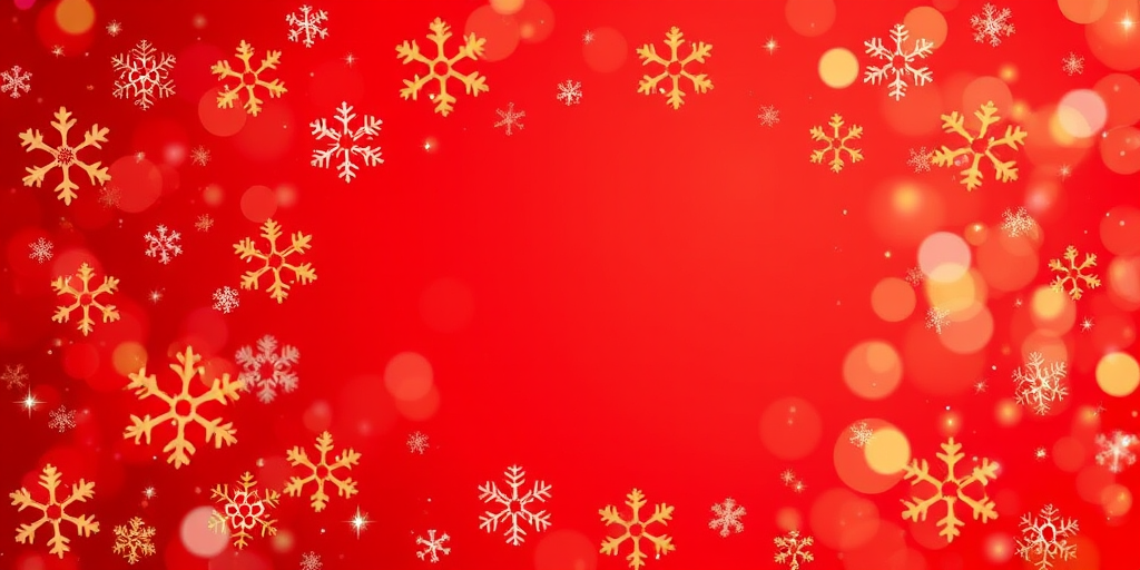 Create a festive background featuring a rich red color with various golden and white snowflakes scattered throughout. Include sparkling stars and subtle bokeh effects to enhance the holiday atmosphere. Ensure the center of the image is clear for text or additional elements.