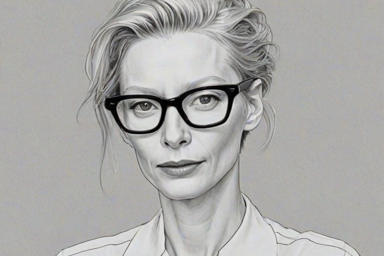 Radiant Tilda Swinton, pencil sketch, portrait of Alluring woman 1959s in glasses, hair style beatnik, outline, clear lines, fine lines, 8k
