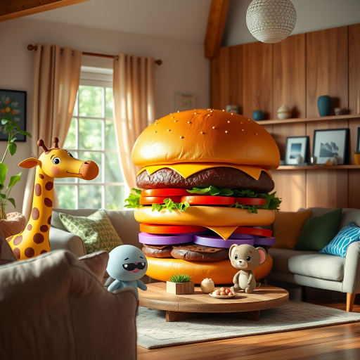 a cozy living room with a giant hamburger and cute cartoon animals like a giraffe, a mouse, and a small animal, vibrant colors, soft natural lighting, 35mm lens, f/2.8 aperture, ISO 200, shallow depth of field, high dynamic range photography