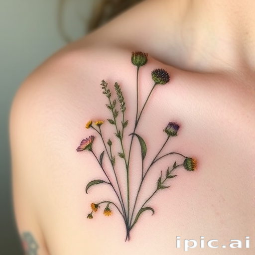 Delicate botanical tattoo called "Whispers of Spring" featuring a collection of delicately rendered wildflowers and herbs in soft, muted colors that appear to be gently pressed onto the skin like a fragile paper cutting, with fine linework and subtle shading creating a sense of depth and texture that mimics the delicate nature of pressed flowers