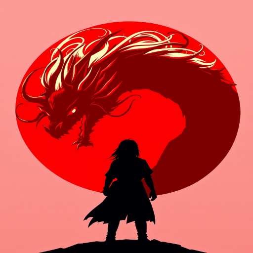 Create a high-resolution illustration of a silhouette of a character facing a fierce red dragon with flowing hair, against a bold red circular background, captured with a 35mm lens at f/2.8, ISO 100, 1/250s, using a digital art style for crisp details and vibrant colors.