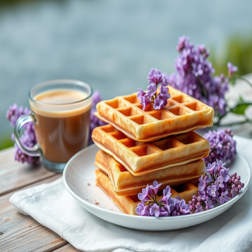 A close-up shot of a stack of homemade waffles on a white plate adorned with purple lilacs, next to a clear glass cup of frothy coffee, set against a serene backdrop of water and greenery, taken with a DSLR camera at f/2.8 aperture, 50mm lens, ISO 100, natural light, with a soft focus on the waffles to enhance texture and detail.