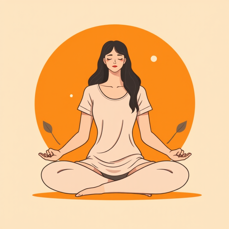 Create a digital illustration of a woman sitting cross-legged in a serene pose, with a minimalist style; use soft colors for clothing and a bold orange background; add leaves on each side; use a flat design approach; include high resolution, 300 DPI, Adobe Illustrator settings, and a vector art style.