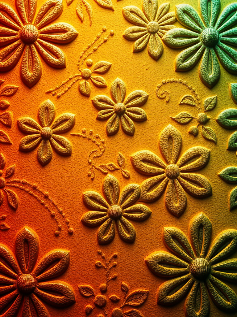 create a textured background with embossed floral patterns, vibrant color gradient transitioning from orange to green, high resolution, DSLR camera, f/2.8 aperture, 50mm lens, macro view, soft lighting