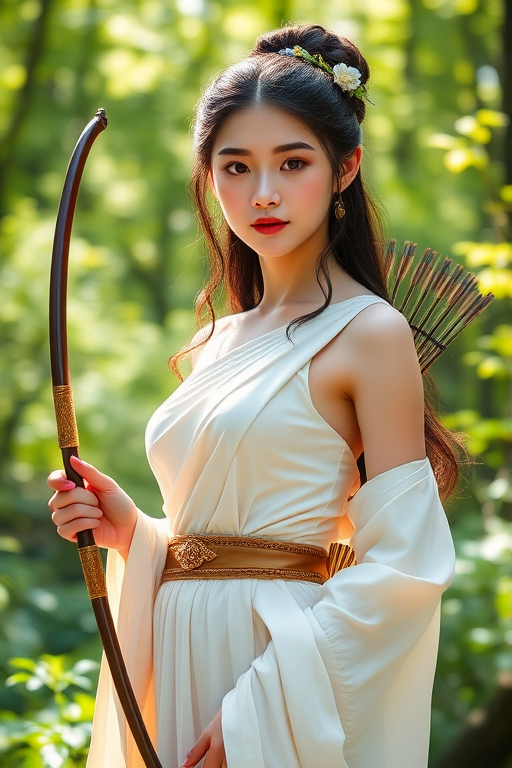 Create a portrait of a goddess-like Chinese girl figure in a tranquil, forested environment. She has an elegant appearance with long, wavy hair styled in an updo and adorned with a delicate, floral headband. She wears a flowing, ancient Greek-inspired gown in a soft, pale color, featuring a one-shoulder design and draped fabric that accentuates her graceful form. The outfit includes a decorative belt with ornate gold detailing, and she holds a bow in her hand, with a quiver of arrows slung over her shoulder. The background depicts lush greenery, with sunlight filtering through the trees, casting a gentle, ethereal light on the scene. Her expression is calm and contemplative, embodying a sense of wisdom and serenity.