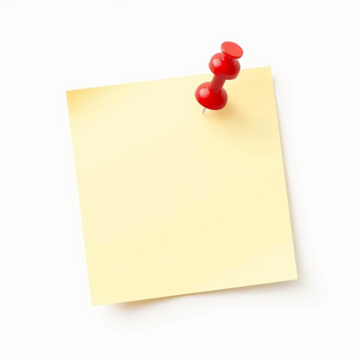 Create a high-resolution illustration of a blank sticky note with a red pushpin on a light background, using a 50mm lens, f/2.8 aperture, ISO 100, top-down view, digital illustration style, and ensure smooth gradients and vibrant colors for enhanced image quality.