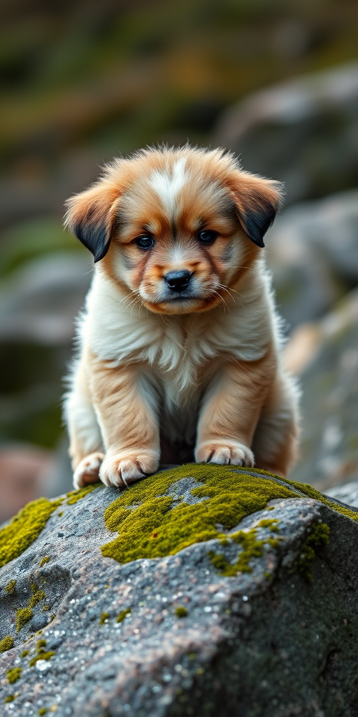 Capture a high-resolution image of a fluffy puppy sitting on a moss-covered rock in a natural outdoor setting, using a Canon EOS R5 with a 50mm f/1.2 lens, aperture set to f/2.8 for shallow depth of field, ISO 100 for minimal noise, and daylight to enhance colors and detail.