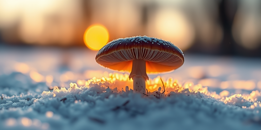 mushroom in snow illuminated from behind at dusk, shallow depth of field, macro lens, f/2.8, ISO 400, 1/100 sec, soft focus background, natural light, DSLR camera