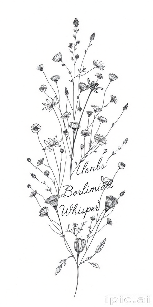 Delicate fine line "Botanical Whisper" tattoo illustration depicting a variety of wildflowers and herbs intertwined with delicate script creating a soft and romantic aesthetic suitable for wrists or ankles