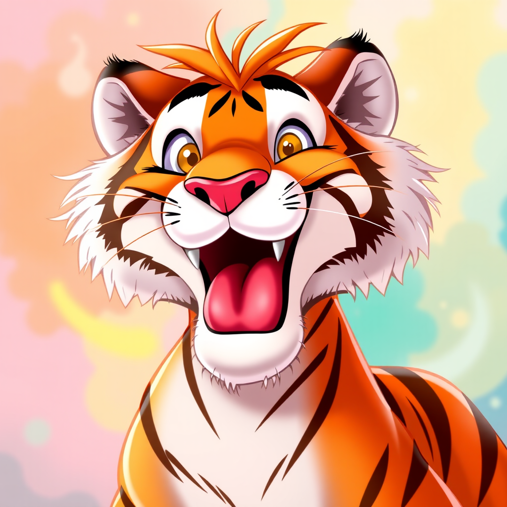Disney style, cartoon illustration of an orange and white tiger with messy hair smiling very wide open mouth showing, in the Disney Pixar animation style, in the style of Don Bluth, full teeth body, with a very detailed face, very detailed eyes, very detailed fur, full color, very colorful, with a very colorful background, soft pastel colors, high resolution, high quality, high detail, hyper realistic