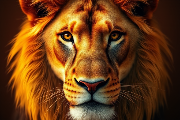 Create a highly detailed, stylized image of a lion's face with vibrant golden hues on a brown background, using a digital art style; camera settings: aperture f/2.8, ISO 100, shutter speed 1/200s; camera view: close-up; camera style: portrait; camera type: DSLR.